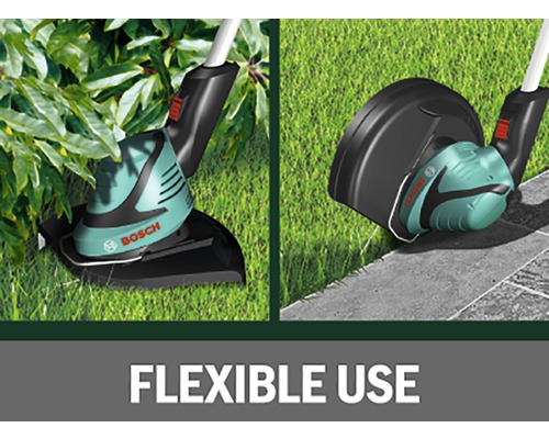 Două trimmere de gazon Bosch în uz pe gazon și pe o margine de bordură.