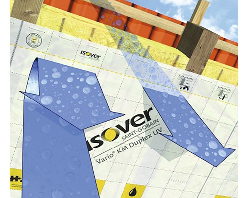 Ilustrație a unei folii de protecție împotriva vaporilor Isover Vario KM Duplex UV pentru izolația acoperișului cu săgeți de umiditate