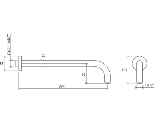 Desen tehnic al unui braț de scurgere montat pe perete cu dimensiuni