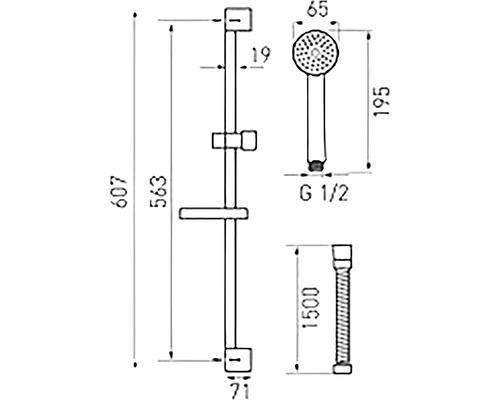 Desen tehnic al unui set de duș cu duș de mână, bară de duș și furtun, inclusiv dimensiuni