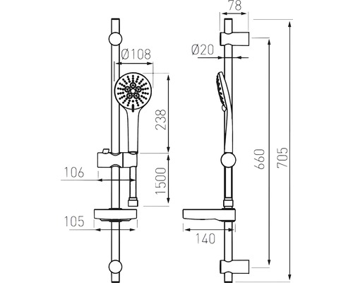 Desen tehnic al unui set de duș cu dimensiuni