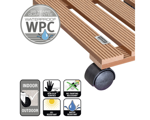 Suport pe roți din material WPC cu proprietăți hidrofuge și garanție de 25 de ani