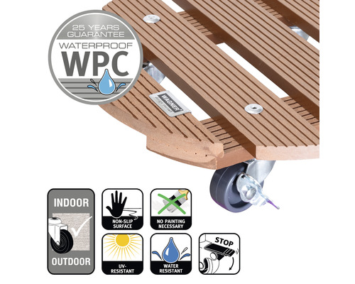 Suport cu rotile din WPC cu garanție de 25 de ani, impermeabil, suprafață antiderapantă, rezistent la UV și hidrofug, potrivit pentru utilizare în interior și exterior, nu necesită vopsire, cu frână de parcare, logo Wagner