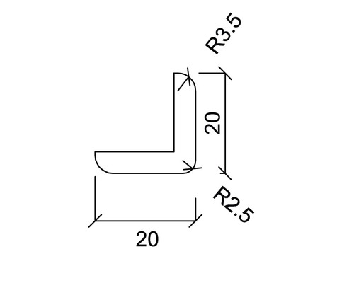 Desen tehnic al unui profil unghiular cu dimensiunile 20 x 20 mm și raze de 2,5 și 3,5 mm