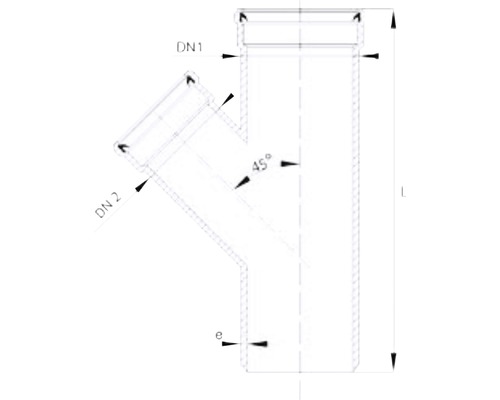 Desen tehnic al unei ramificații cu un unghi de 45 de grade și indicații pentru DN1, DN2, L și e.