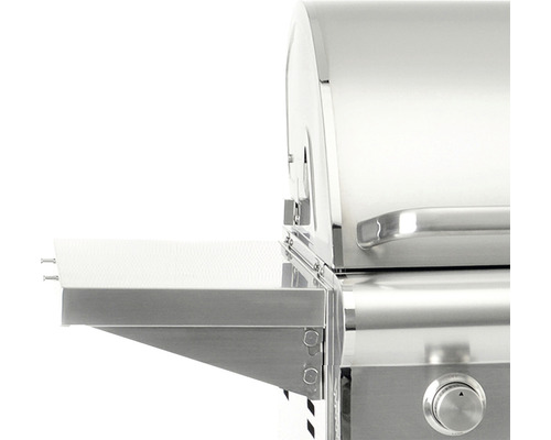 Imagine detaliată a unui grătar pe gaz din inox cu raft lateral
