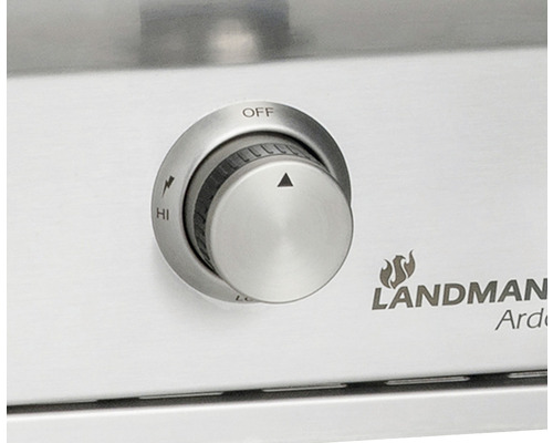 Prim-plan cu un buton rotativ pentru controlul unui grătar, cu marcaje pentru Oprit, Ridicat și Scăzut, și cu logo-ul Landmann.