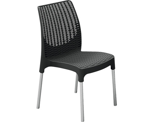 Scaun negru cu picioare argintii.