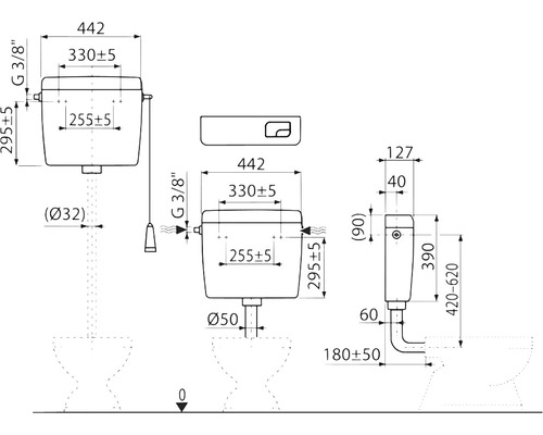 Desen tehnic al unui rezervor de toaletă cu dimensiuni