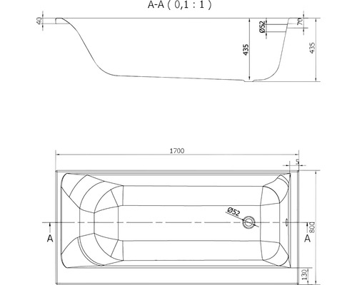 Desen tehnic al unei căzi de baie cu dimensiuni.
