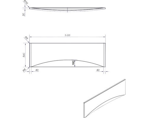 Desen tehnic al unei plăci curbate cu dimensiuni.