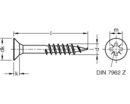 Desen tehnic al unui șurub cu cap înecat cu dimensiuni conform DIN 7962