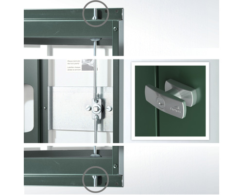 Detaliu al unui dulap metalic cu mecanism de blocare și mâner