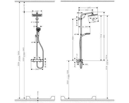 Desen tehnic al unui sistem de duș cu dimensiuni
