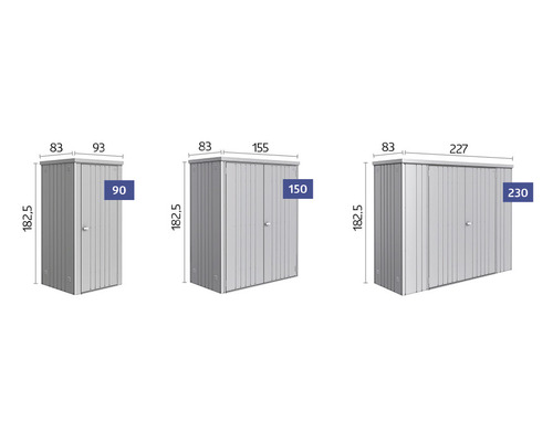 Imagine cu diverse dulapuri de grădină cu dimensiunile de 90, 150 și 230 de centimetri lățime