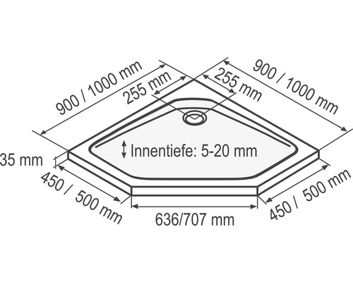 Desen tehnic al unei cădițe de duș cu dimensiuni