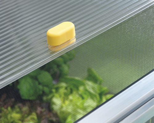 Prim-plan al unei ferestre de seră cu plasă de insecte și deschizător de ferestre