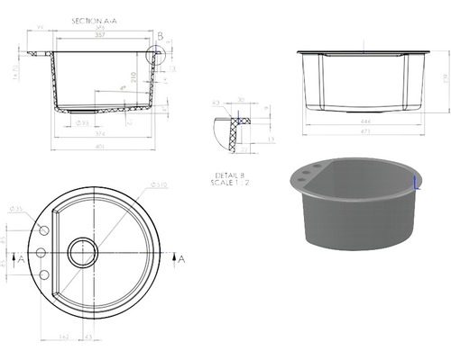 Desen tehnic al unui vas rotund pentru plante cu dimensiuni