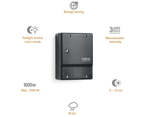 Senzor de lumină Steinel Nightmatic 2000 cu întrerupător crepuscular și mod eco, putere maximă 1000 W, IP 54