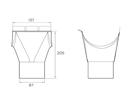Desen tehnic al unei cutii de jgheab cu dimensiuni