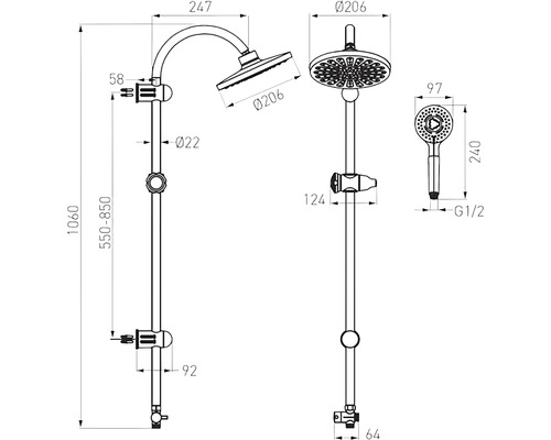 Desen tehnic coloană de duș cu duș de cap și duș de mână cu dimensiuni