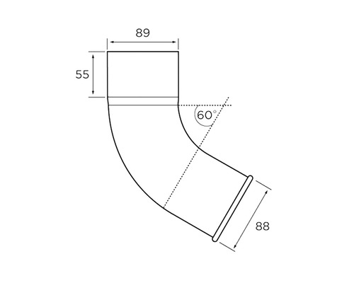Desen tehnic al unui cot de țeavă cu dimensiunile de 89, 55 și 88 milimetri și un unghi de 60 de grade.