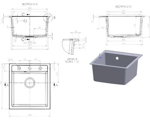 Desen tehnic al unei chiuvete cu dimensiuni.