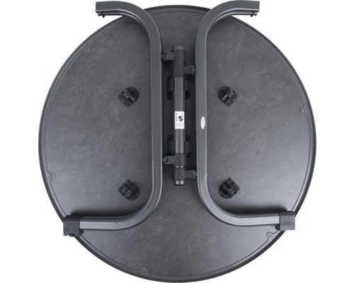 Vedere de dedesubt a unei mese pliante rotunde cu cadru