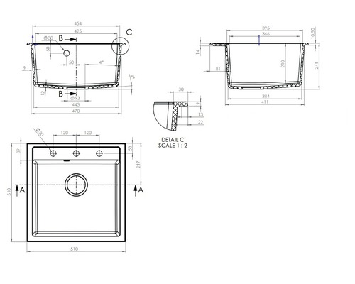 Desen tehnic al unei chiuvete cu dimensiuni