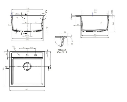 Desen tehnic al unei chiuvete cu dimensiuni