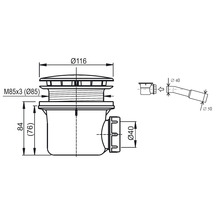Desen tehnic racord de scurgere cu dimensiunile diametru 116 mm, M85x3 (diametru 85), 84 (76) mm și diametru 40 mm