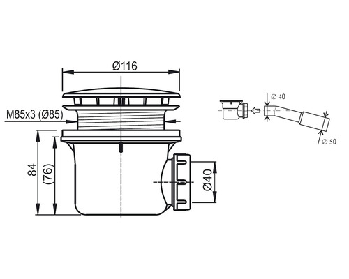 Desen tehnic racord de scurgere cu dimensiunile diametru 116 mm, M85x3 (diametru 85), 84 (76) mm și diametru 40 mm