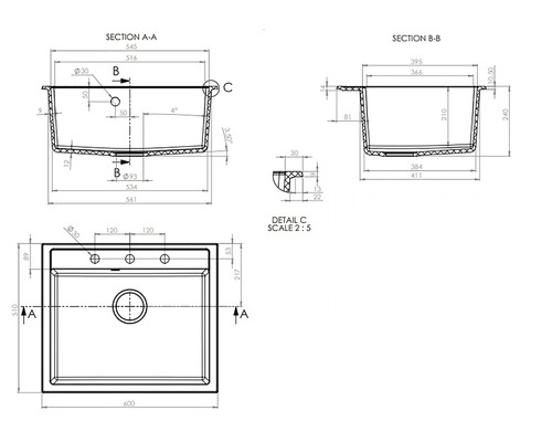 Desen tehnic al unei chiuvete cu dimensiuni