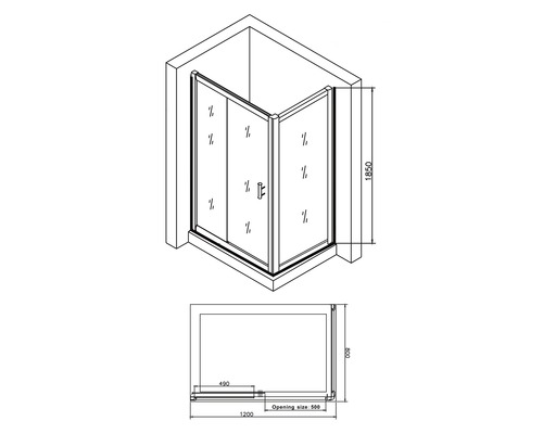 Desen tehnic al unei cabine de duș cu dimensiuni