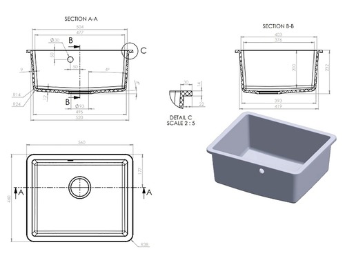 Desen tehnic al unei chiuvete dreptunghiulare cu dimensiuni
