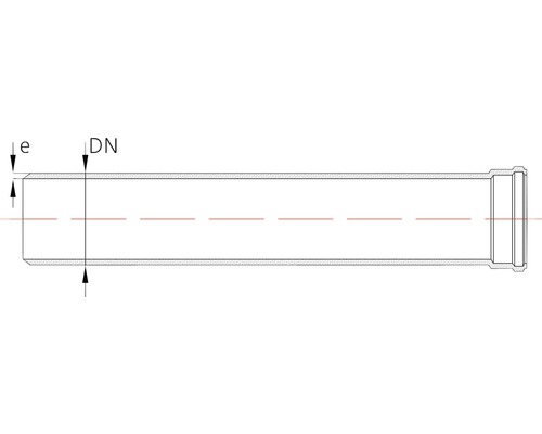 Desen tehnic al unei țevi cu notațiile e pentru grosimea peretelui și DN pentru diametru.