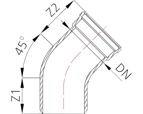 Desen tehnic al unei țevi cot la 45 de grade cu dimensiuni
