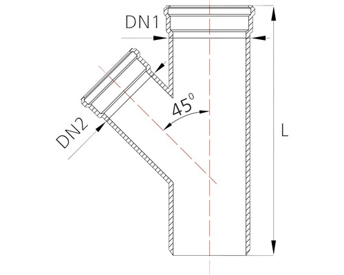 Desen tehnic al unei piese de ramificație cu un unghi de 45 de grade