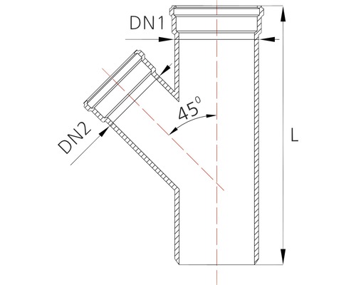 Desen tehnic al unei ramificații de țeavă de apă uzată cu un unghi de 45 de grade, cu indicații DN1 și DN2.