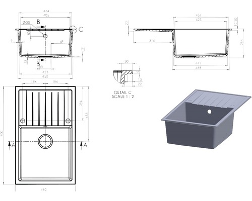 Desen tehnic al unei chiuvete cu dimensiuni