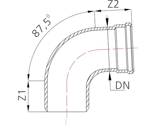 Desen tehnic al unei curbe de țeavă de 87,5 grade cu dimensiuni