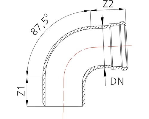 Desen tehnic al unei curbe de țeavă cu un unghi de 87,5 grade și indicații de dimensiuni