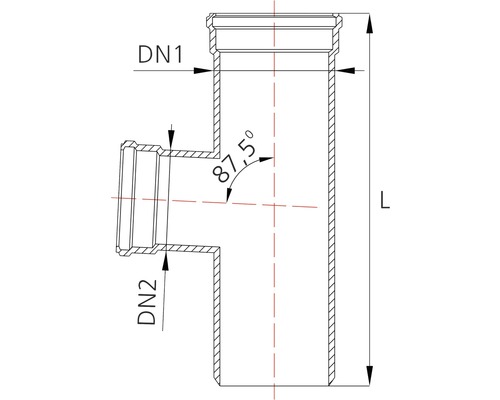 Desen tehnic al unui racord în T cu un unghi de 87,5 grade, cu indicațiile DN1, DN2 și L