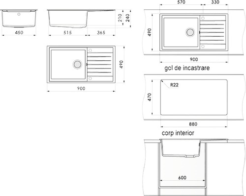 Desen tehnic cu dimensiunile unei chiuvete