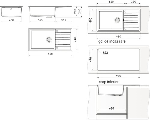 Desen tehnic al unei chiuvete cu dimensiuni