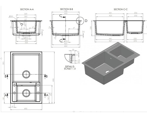 Desen tehnic al unei chiuvete cu două cuve și dimensiuni.