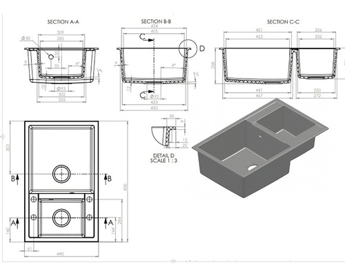 Desen tehnic al unei chiuvete de bucătărie cu două cuve și specificații dimensionale