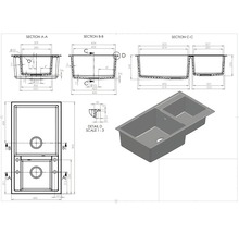 Desen tehnic al unei chiuvete cu două cuve și indicații dimensionale