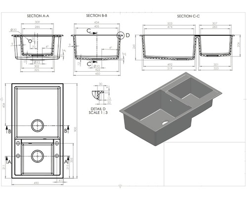 Desen tehnic al unei chiuvete cu două cuve și indicații dimensionale