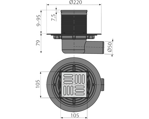 Desen tehnic al unui sifon de pardoseală cu dimensiuni